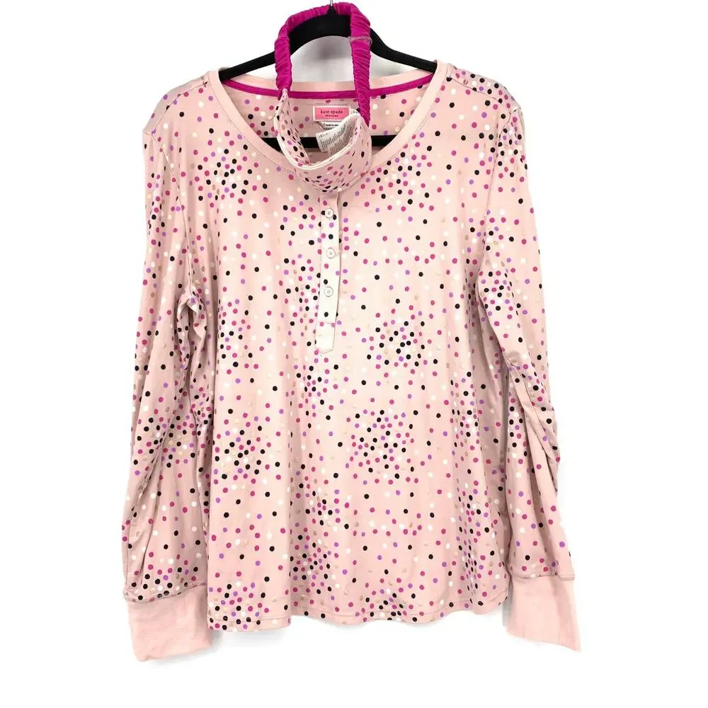 Kate Spade Pajama Set Womens Size L Pink Black Gold Polka Dot Novelty Print